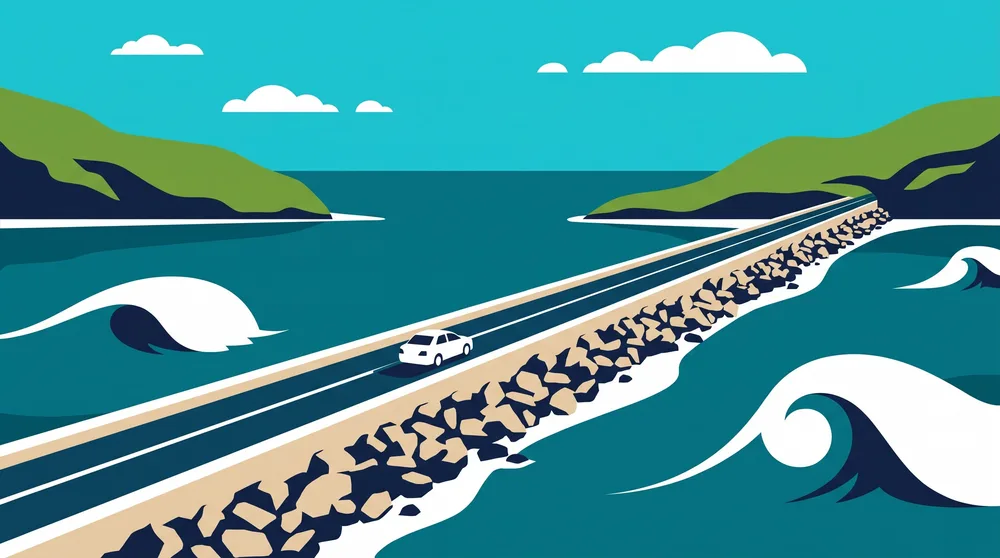 Flat illustration: a long rock causeway carrying a road across teal water between two green shores, with one small white car and big wave curls.